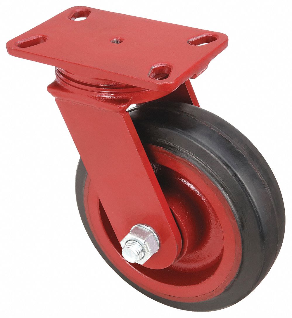 Plate Caster: Swivel, No Brake, Rubber, 8 in Wheel Dia, 2 1/2 in Wheel Wd, Slot, Rectangle