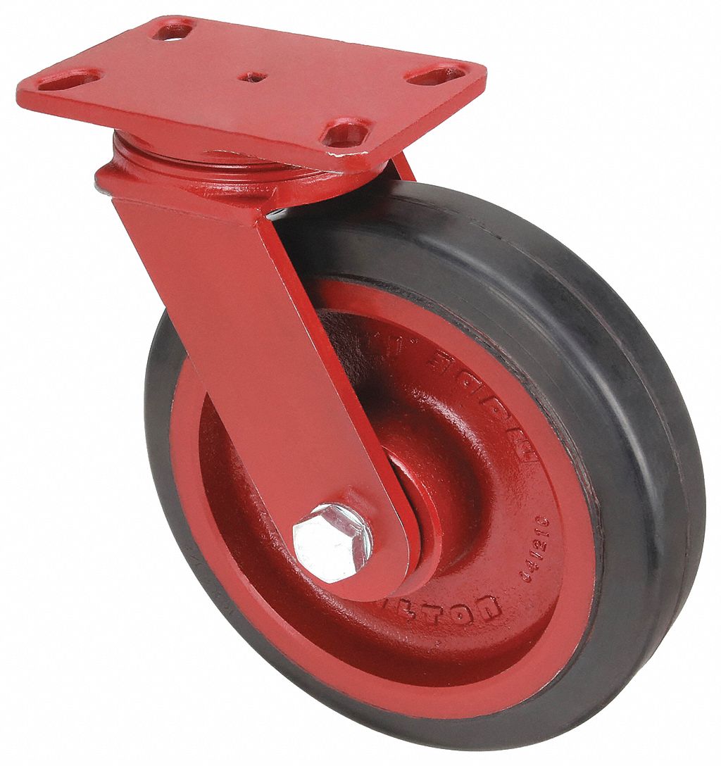 Plate Caster: Swivel, No Brake, Rubber, 10 in Wheel Dia, 2 1/2 in Wheel Wd, Slot, Rectangle