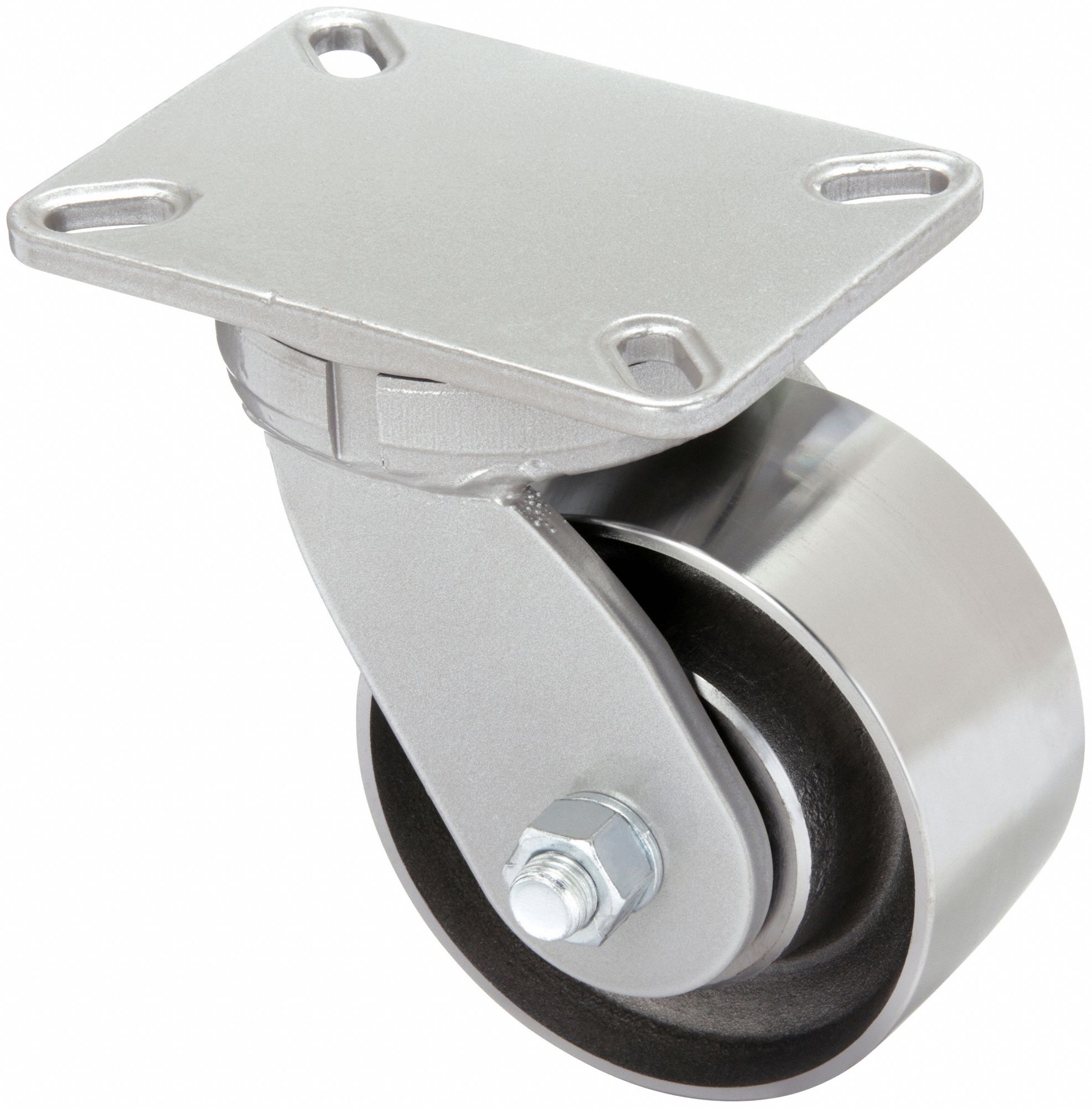 KINGPINLESS PLATE CASTER, 6 IN WHEEL DIA, 6000 LB, 8 IN MOUNTING H, SWIVEL CASTER, STEEL