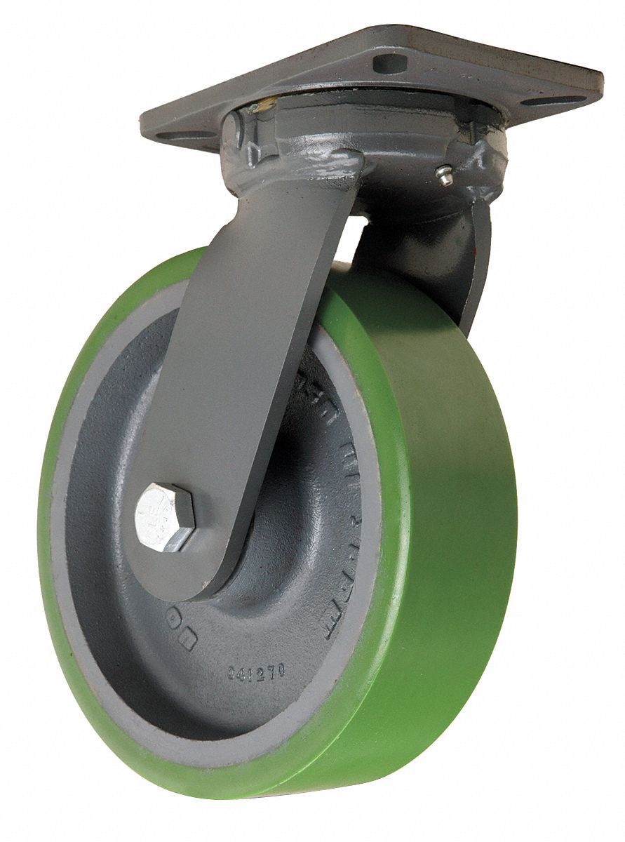 Plate Caster: Swivel, Polyurethane, 10 in Wheel Dia, 3 in Wheel Wd, 12 1/2 in Mounting Ht