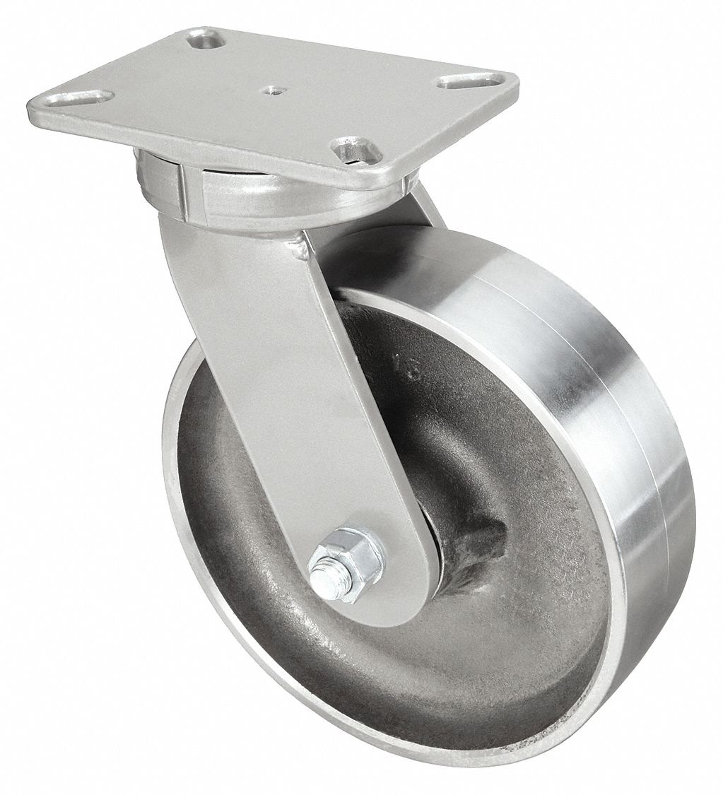 Plate Caster: Swivel, Steel, 10 in Wheel Dia, 3 in Wheel Wd, 12 1/2 in Mounting Ht, Ball