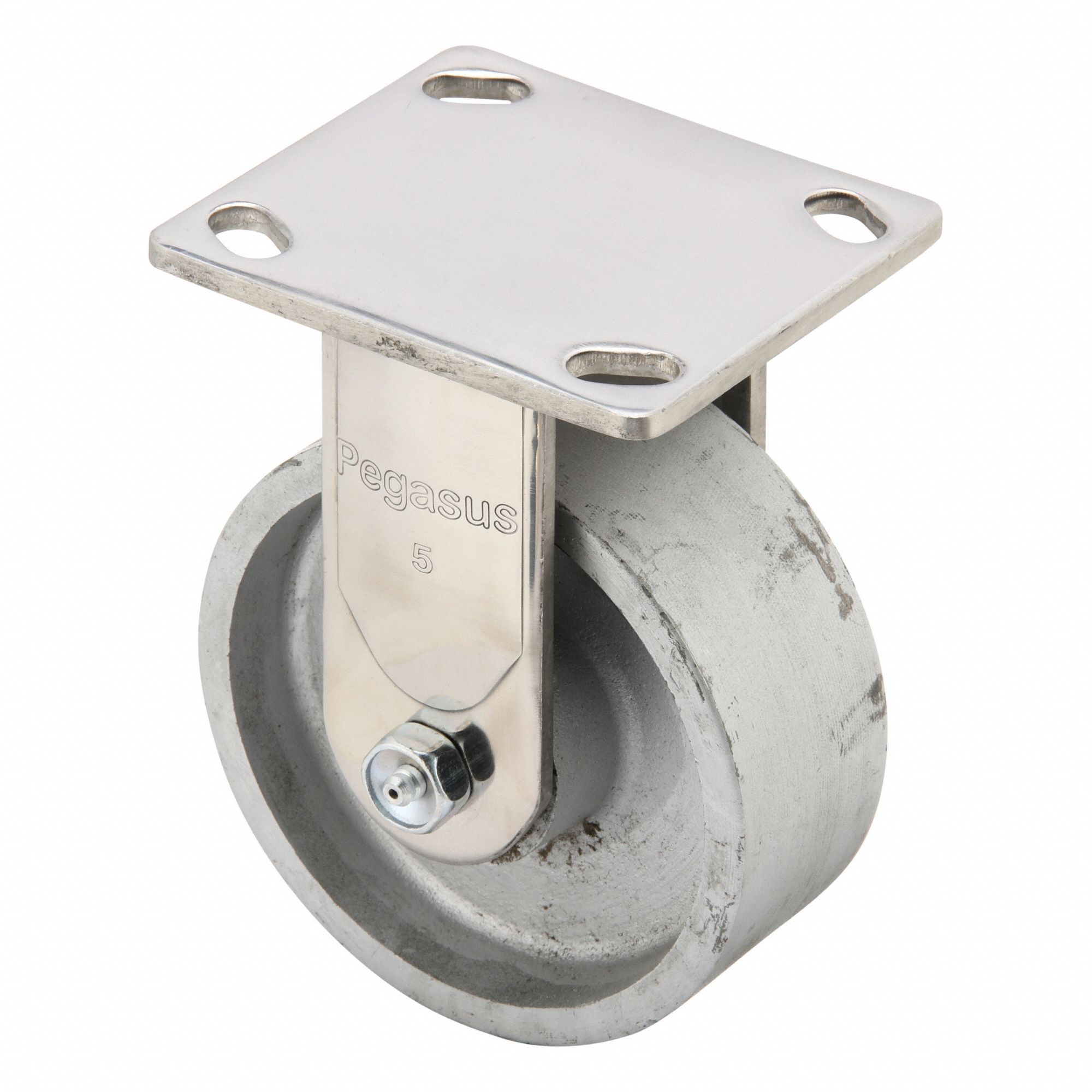 Plate Caster: Rigid, No Brake, Iron, 5 in Wheel Dia, 2 in Wheel Wd, Slot, Rectangle