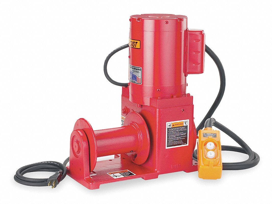 Electric Winch: Lifting, 115V AC, 2,000 lb 1st Layer Load Capacity, Worm, 119:1