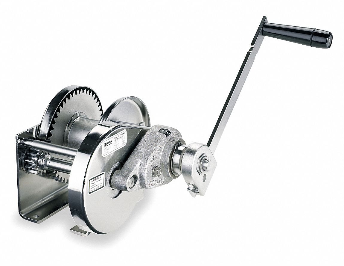 Hand Winch: Lifting/Pulling, 2,000 lb First Layer Load Capacity, Spur, 14.7:1, Stainless Steel