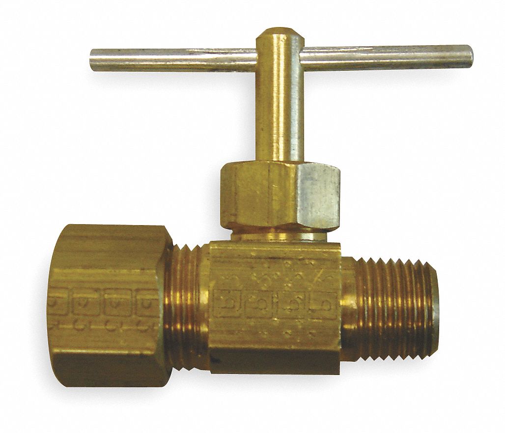 Needle Valve: Straight Fitting, Brass, 1/4 in x 3/8 in Pipe Size, MNPT x Tube