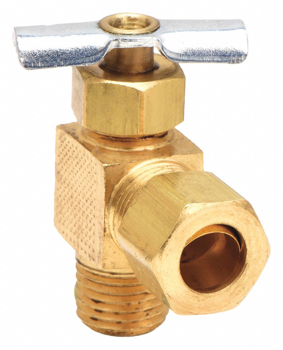 NEEDLE VALVE,ANGLED,BRASS,1/4 X 3/8 IN.