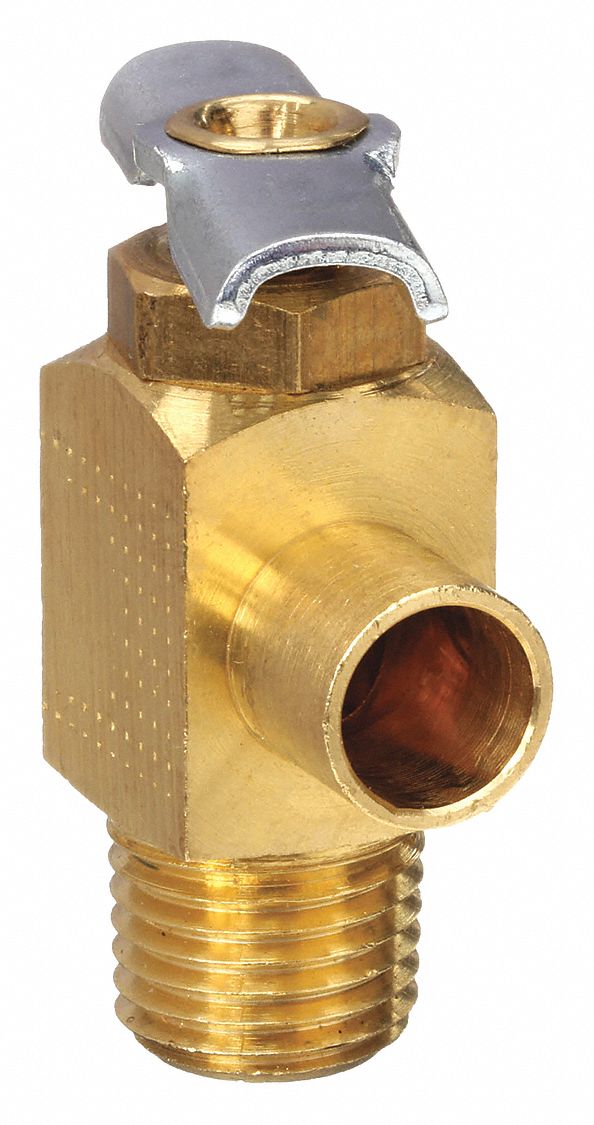 Drain Cock: 1/4 in Pipe Size, Brass, 1/4 in MNPT, Angle Body, 150 psi Max. Pressure, Wing