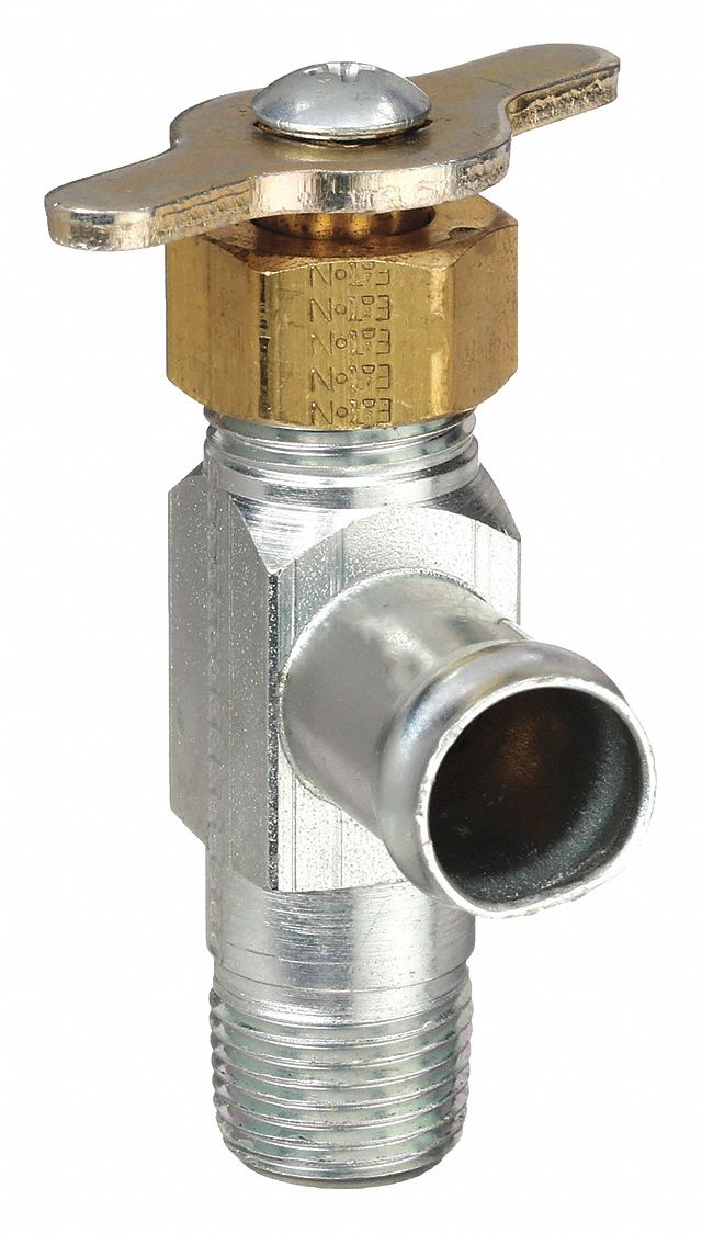 Drain Cock: 3/8 in Pipe Size, Steel, 3/8 in MNPT, Angle Body, 150 psi Max. Pressure