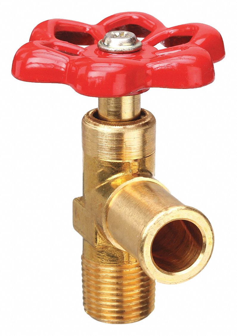 Drain Cock: 3/8 in Pipe Size, Brass, 3/8 in MNPT, Angle Body, 150 psi Max. Pressure