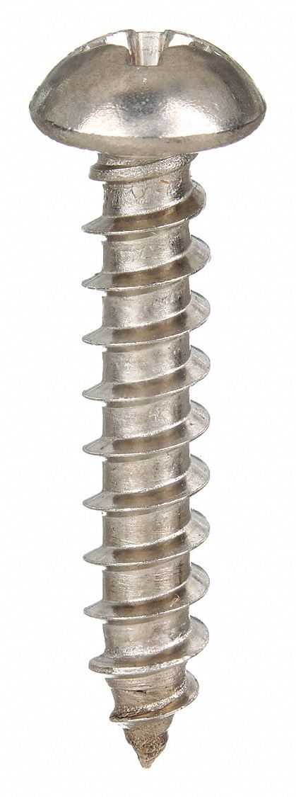 Sheet Metal Screw: #10 Size, 1 in Lg, Stainless Steel, Plain, Phillips, Round, 100 PK