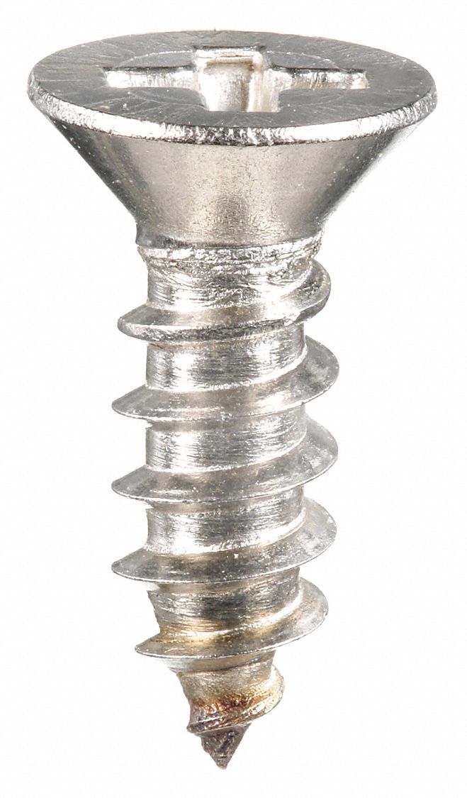 Sheet Metal Screw: #4 Size, 3/8 in Lg, Stainless Steel, Plain, Phillips, Flat, 100 PK