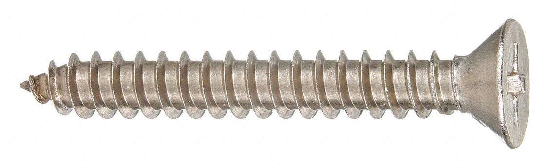 SHEET METAL SCREW, SIZE #8, 2 IN L, 18-8 SS, PLAIN FINISH, FLAT, PHILLIPS, 100 PK