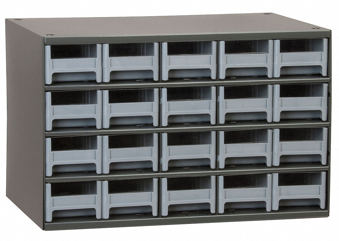 DRAWER BIN CABINET, 17 X 11 X 11 IN, 20 DRAWERS, STACKABLE, STEEL, 40 DIVIDERS, GREY