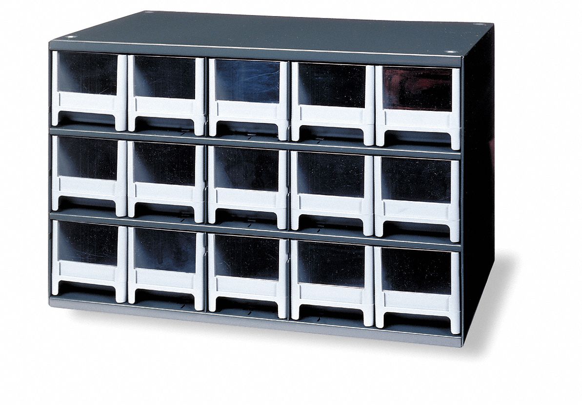 DRAWER BIN CABINET, 17 X 11 X 11 IN, 15 DRAWERS, STACKABLE, STEEL, 30 DIVIDERS, GREY