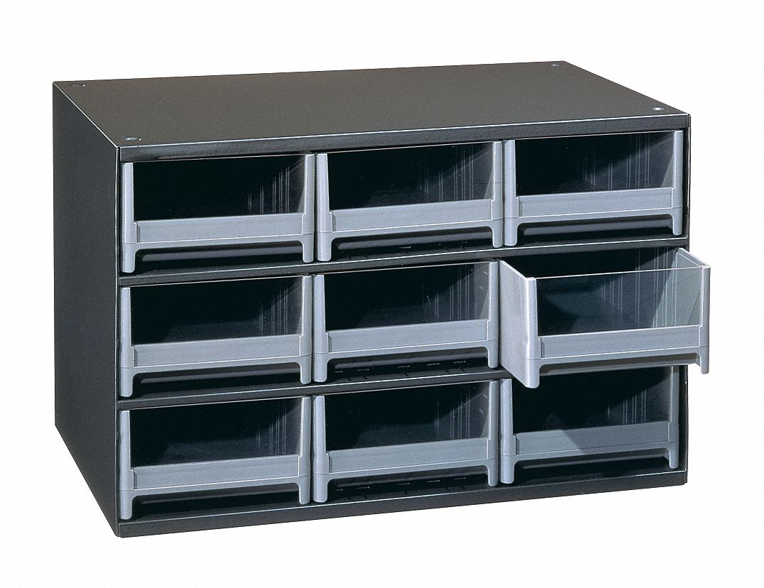 DRAWER BIN CABINET, 17 IN X 11 IN X 11 IN, 9 DRAWERS, STACKABLE, STEEL, 18 DIVIDERS, GREY