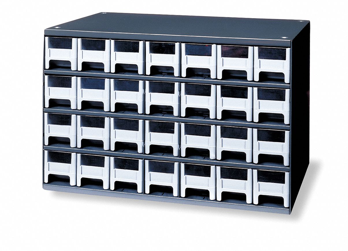 DRAWER BIN CABINET, 17 X 11 X 11 IN, 28 DRAWERS, STACKABLE, STEEL, 56 DIVIDERS, GREY