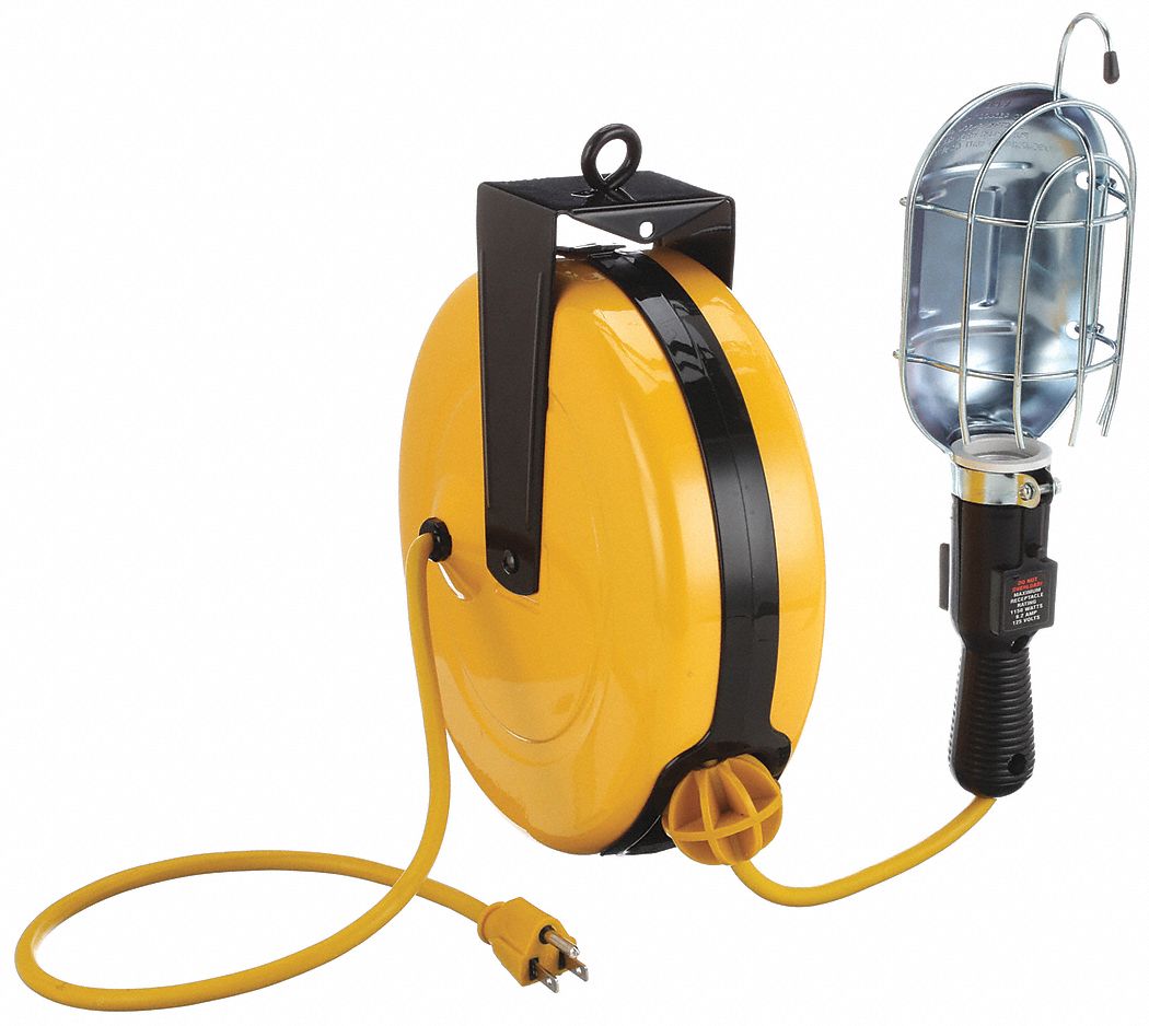 Extension Cord Reel with Hand Lamp: 25 ft Retractable Cord Lg, 16 AWG Wire  Size, 5 W Lamp Watts