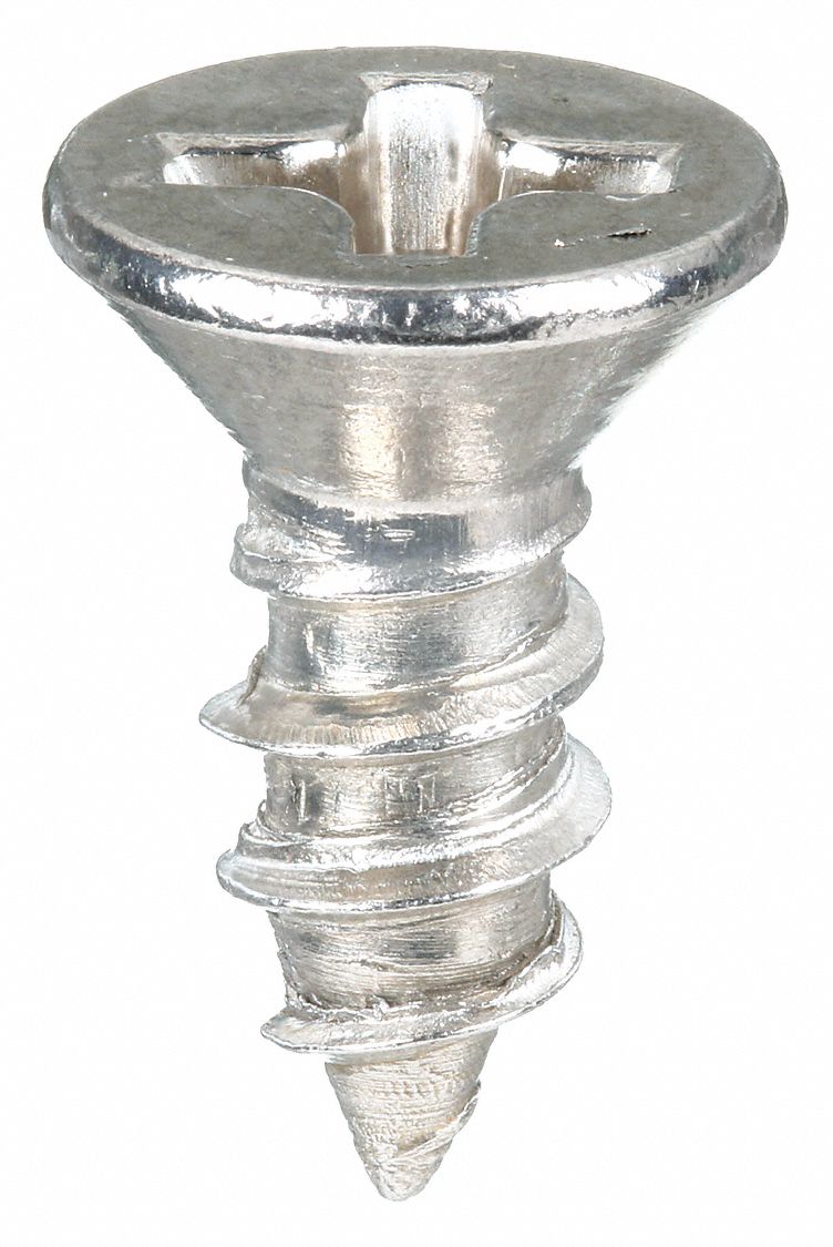 Sheet Metal Screw: #6 Size, 3/8 in Lg, Stainless Steel, Plain, Phillips, Flat, 100 PK