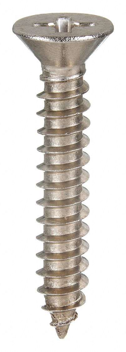 Sheet Metal Screw: #6 Size, 1 1/2 in Lg, Stainless Steel, Plain, Phillips, Flat, 100 PK