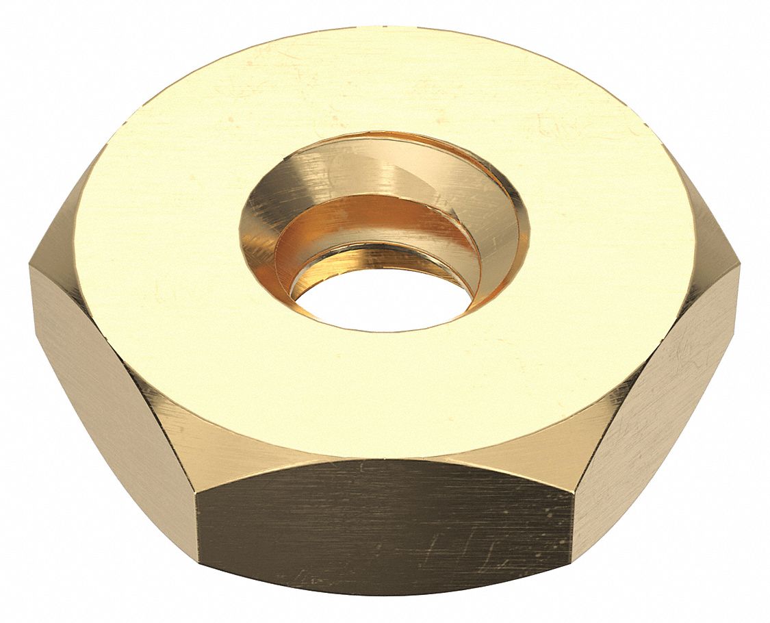 Hex Nut: Hex Machine Screw, #1-72 Thread, 5/32 in Hex Wd, 3/64 in Hex Ht, Brass, Not Graded, 100 PK