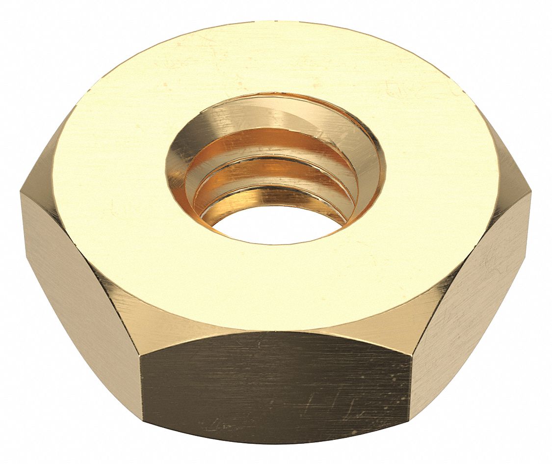 Hex Nut: Hex Machine Screw, #12-24 Thread, 7/16 in Hex Wd, 5/32 in Hex Ht, Brass, Not Graded, 100 PK