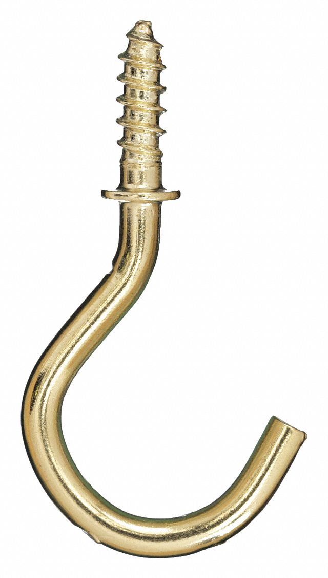 Cup Hook: Screw-In, 1 Points per Hook, Brass, 1 in Projection, Steel