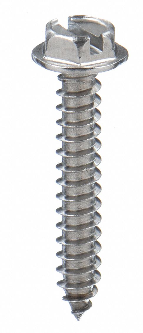 Sheet Metal Screw: #8 Size, 1/2 in Lg, Stainless Steel, Plain, Slotted, Hex Washer, 100 PK