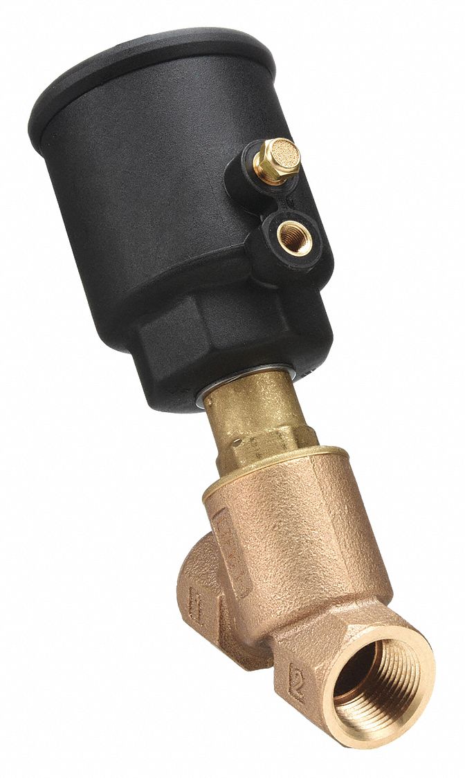 Angle Body Piston Valve: 2-Way, Normally Closed, 1 in Pipe Size, Bronze Body, PTFE Seal