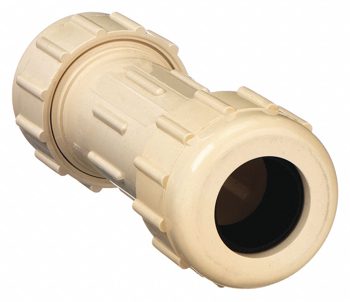 COMPRESSION COUPLING: 1 IN X 1 IN FITTING, SCHEDULE 40, 100 PSI, TAN, 2¼ IN OVERALL LG