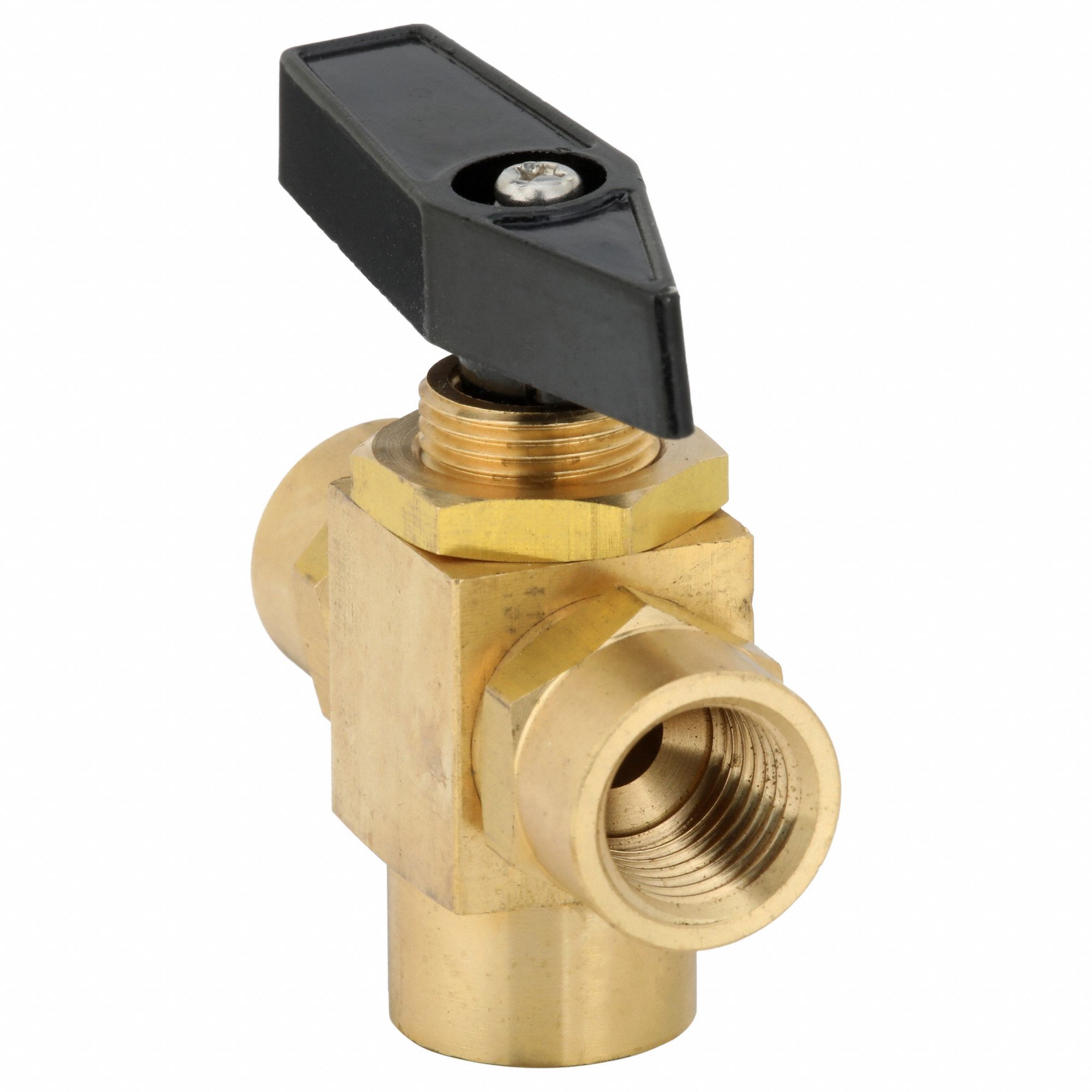 Manual Three-Way Ball Valve: 1/4 in, Brass, L Flow, FNPT x FNPT x FNPT, Two-Piece