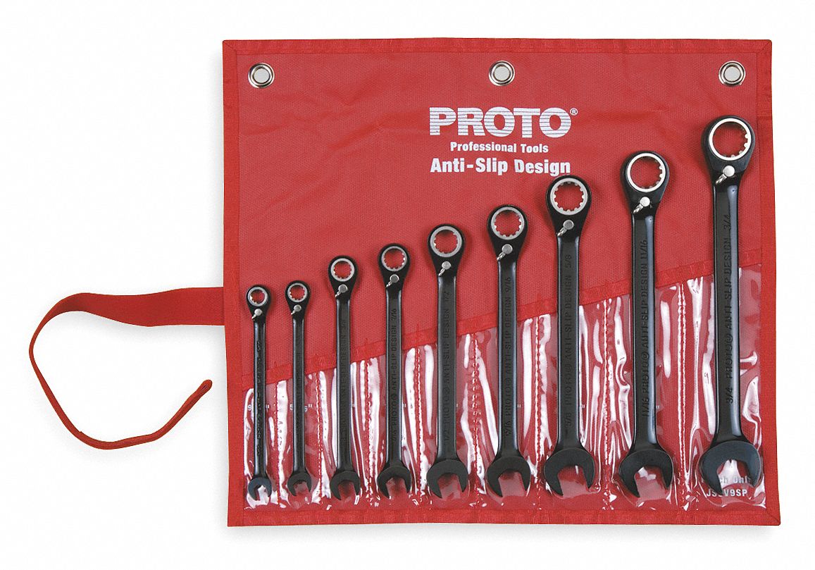PROTO Combination Wrench Set, Alloy Steel, Black Chrome, 9 Number of