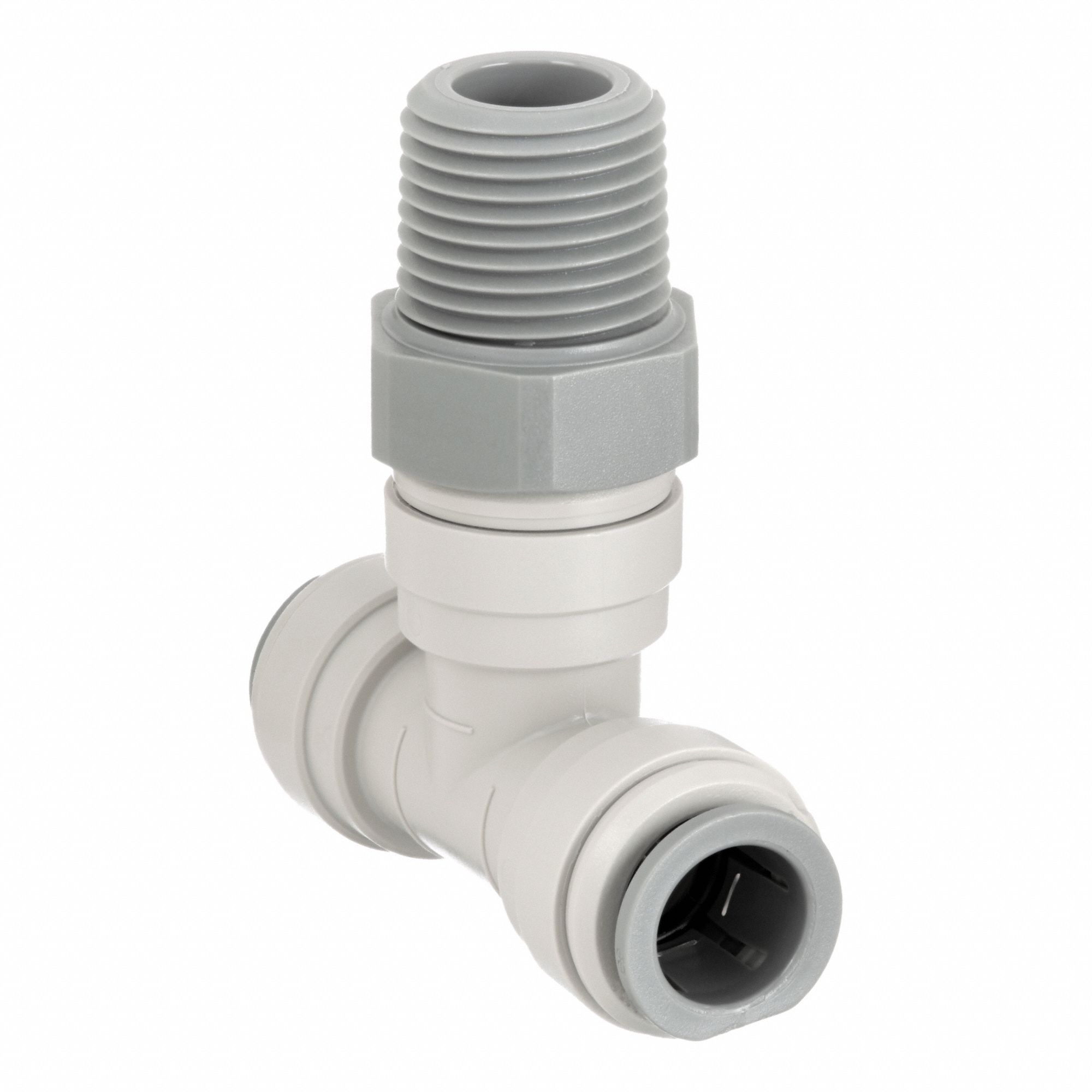 Push-Fit Tee Fitting: Tee, 1/2 in OD 1/2 in OD x 1/2 in Pipe Size, Acetal, 10 PK