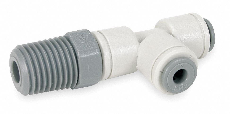 Push-Fit Tee Fitting: Tee, 3/8 in OD 3/8 in Pipe x 3/8 in OD Size, Polypropylene, 10 PK