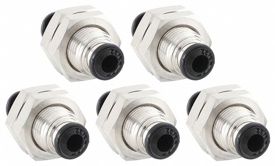 BULKHEAD UNION: NICKEL PLATED BRASS, PUSH-TO-CONNECT X PUSH-TO-CONNECT, 1 15/32 IN L, 5 PK