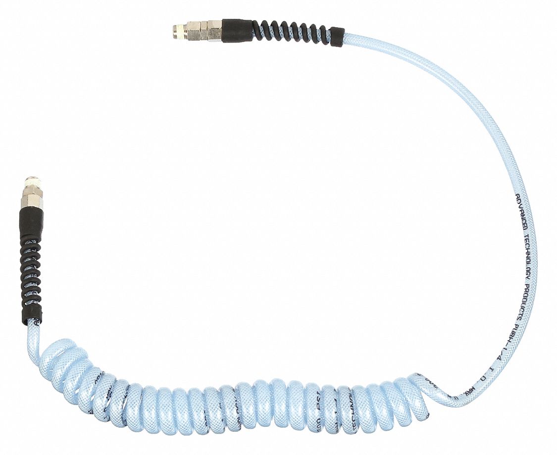 Coiled Air Hose: 1/4 in Hose Inside Dia., Blue, Brass x Brass, 1/4 in x 1/4 in Fitting Size