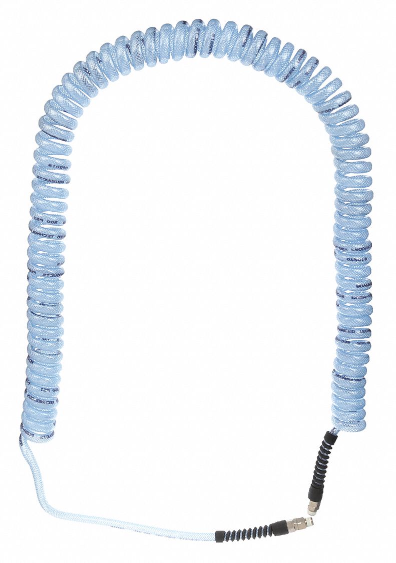 Coiled Air Hose: 3/8 in Hose Inside Dia., Blue, Brass x Brass, 3/8 in x 3/8 in Fitting Size