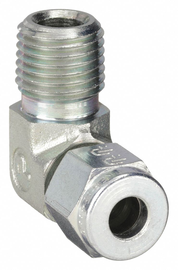 Compression Fitting Elbow: 1/4 in OD x 1/4 in Pipe Size, 7/16-20 Thread Size, Compression x MNPT