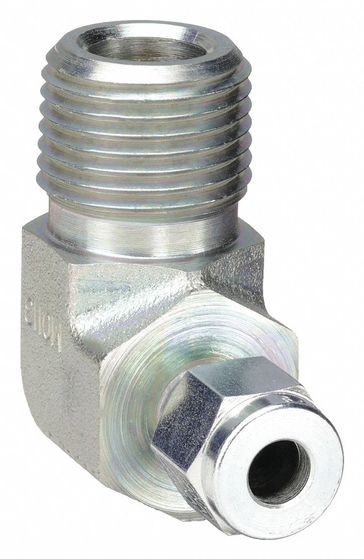 Compression Fitting Elbow: 1/4 in OD x 3/8 in Pipe Size, 7/16-20 Thread Size, Compression x MNPT