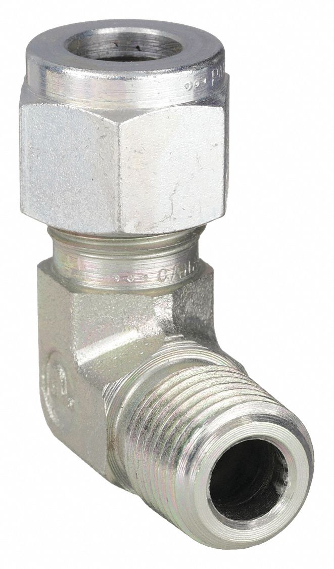Compression Fitting Elbow: 3/8 in OD x 1/4 in Pipe Size, 9/16-20 Thread Size, Compression x MNPT