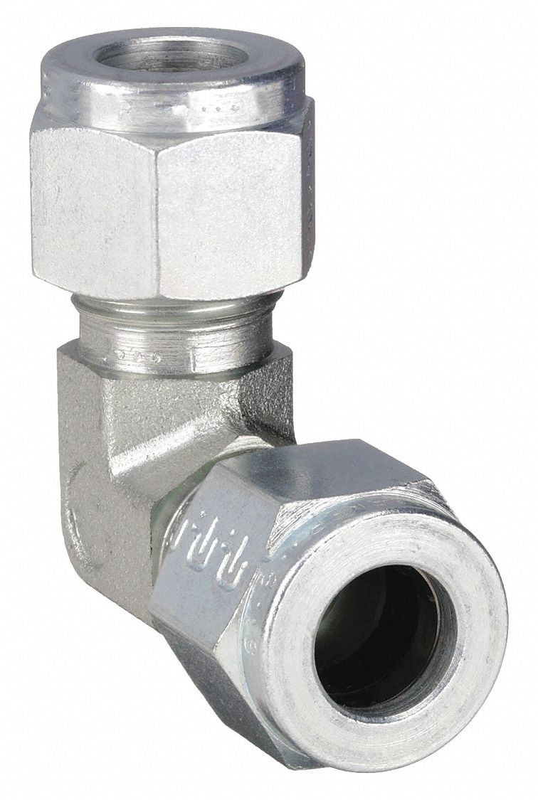 Compression Fitting Elbow: 1/4 in OD x 1/4 in OD Size, 7/16-20 7/16-20 Thread Size, Steel