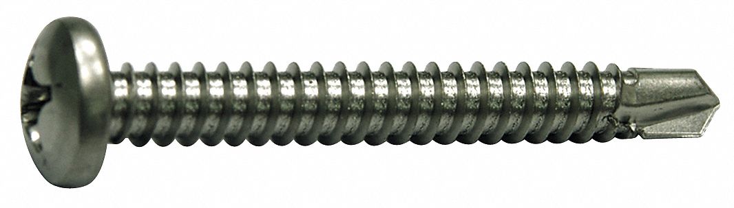 SELF DRILLING SCREW, SIZE #10, 1½ IN L, 410 STAINLESS STEEL, PLAIN, PAN, PHILLIPS, ROUND, 50 PK