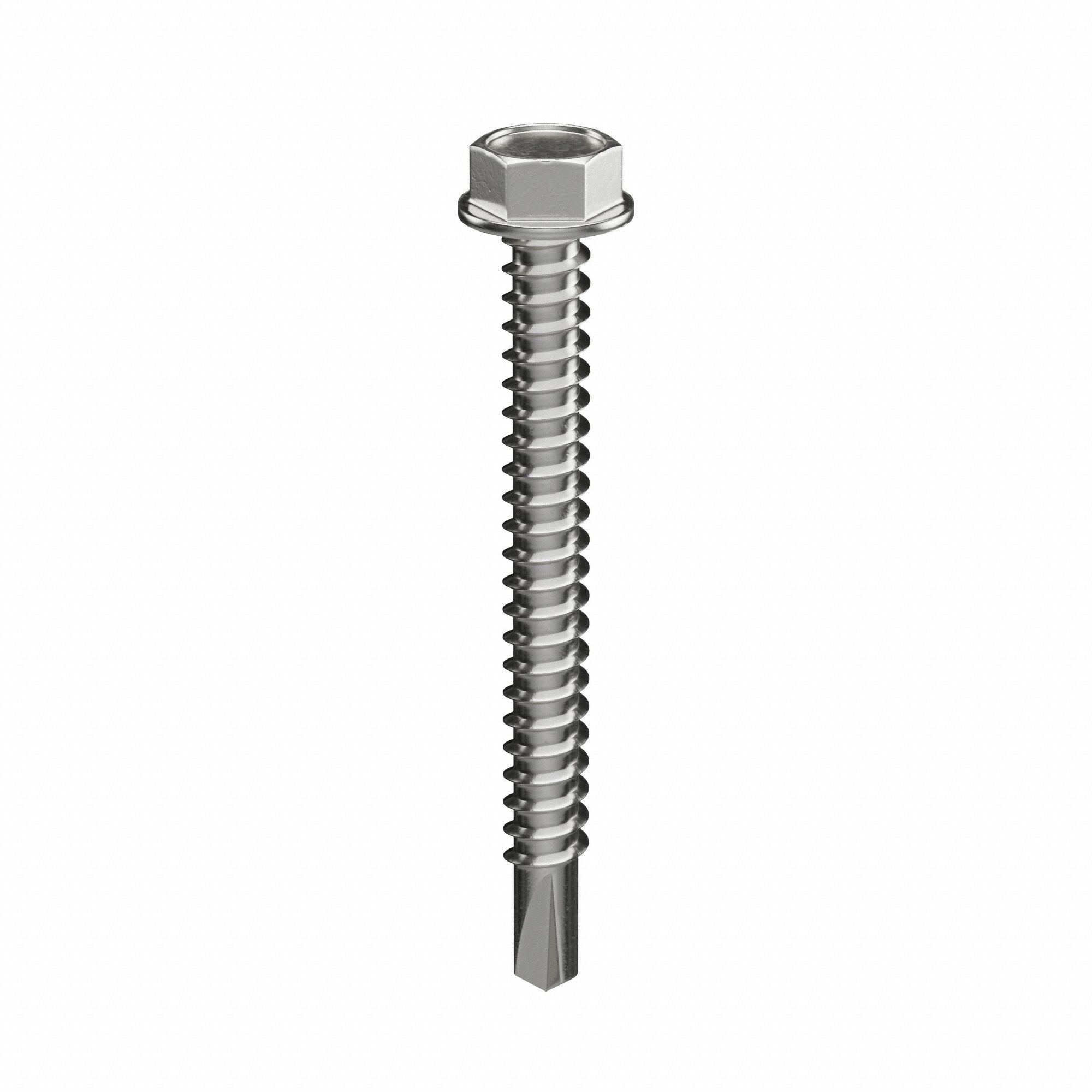 Self-Drilling Screw: #12 Size, 2 in Lg, Stainless Steel, Plain, Hex Washer, External Hex, 410, 25 PK
