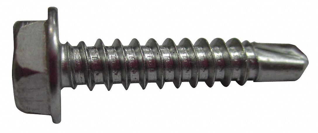 SELF DRILLING SCREW, SIZE #8, 1 IN L, 410 STAINLESS STEEL, PLAIN, HEX WASHER, EXTERNAL HEX, 100 PK