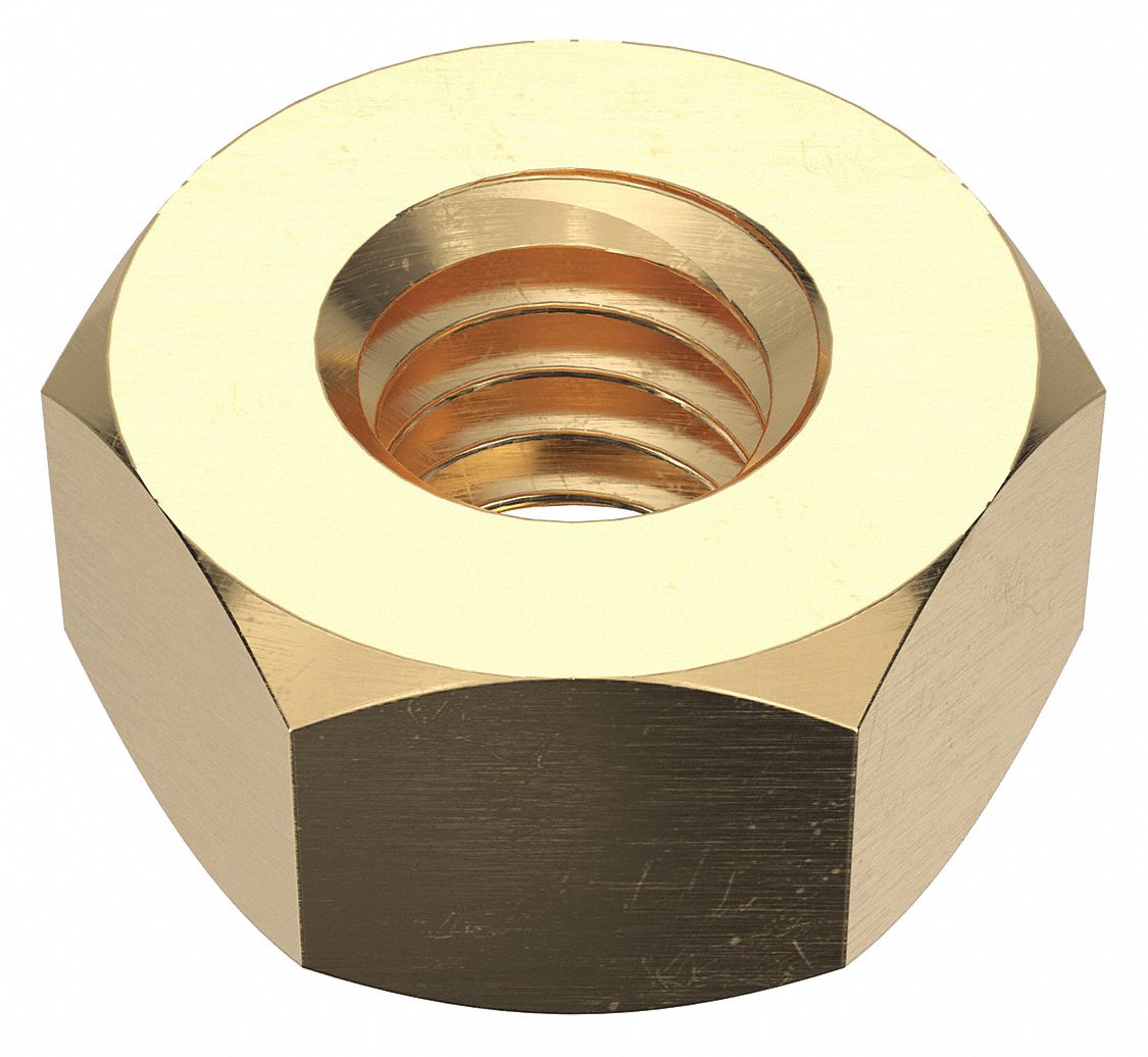 Hex Nut: Heavy Hex, 5/16"-18 Thread, 9/16 in Hex Wd, 19/64 in Hex Ht, Brass, Not Graded, 50 PK