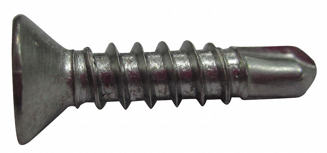 SELF DRILLING SCREW, SIZE #6, 1 IN L, 410 STAINLESS STEEL, PLAIN, FLAT, PHILLIPS, 100 PK