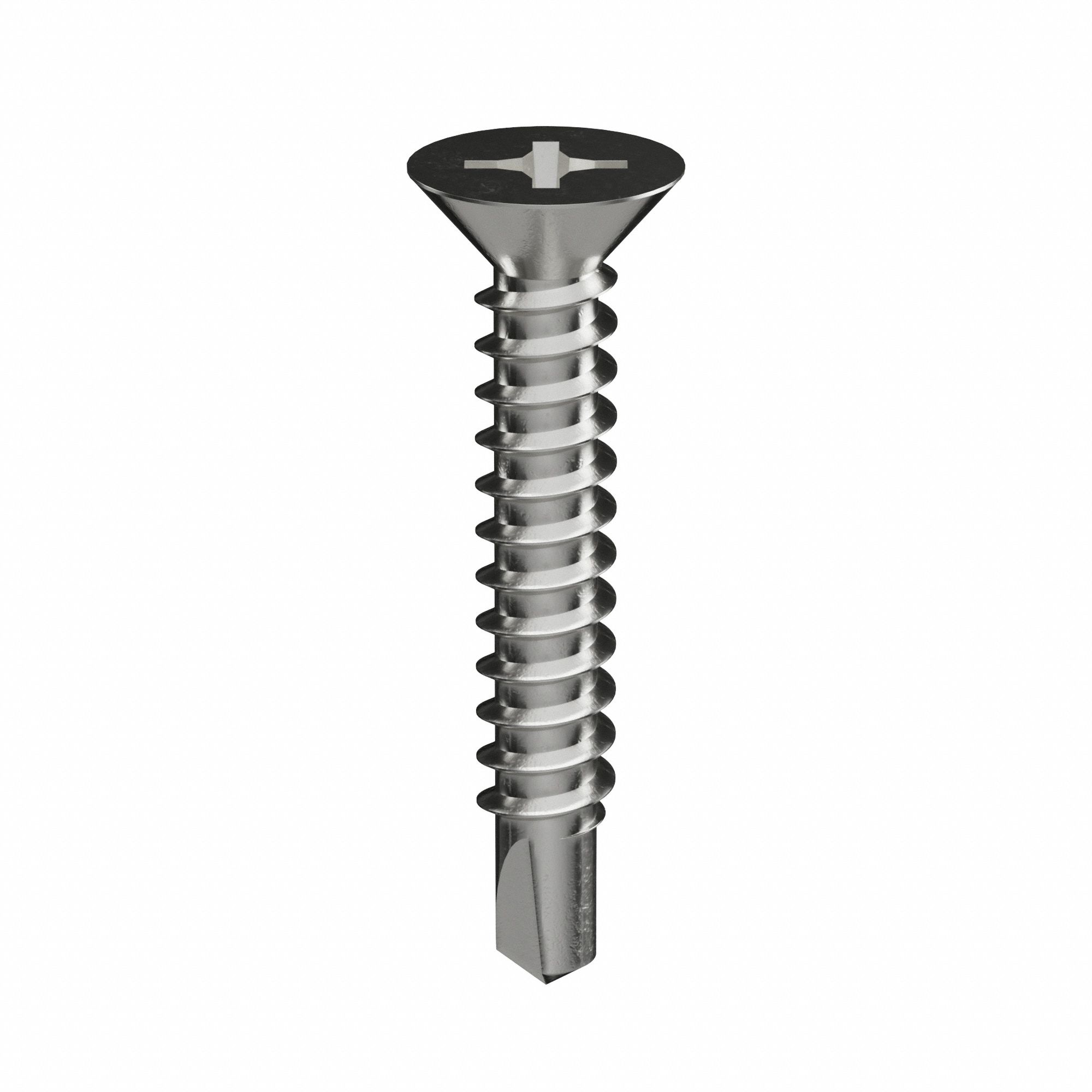Self-Drilling Screw: #10 Size, 1 1/4 in Lg, Stainless Steel, Plain, Flat, Phillips, 410, 50 PK