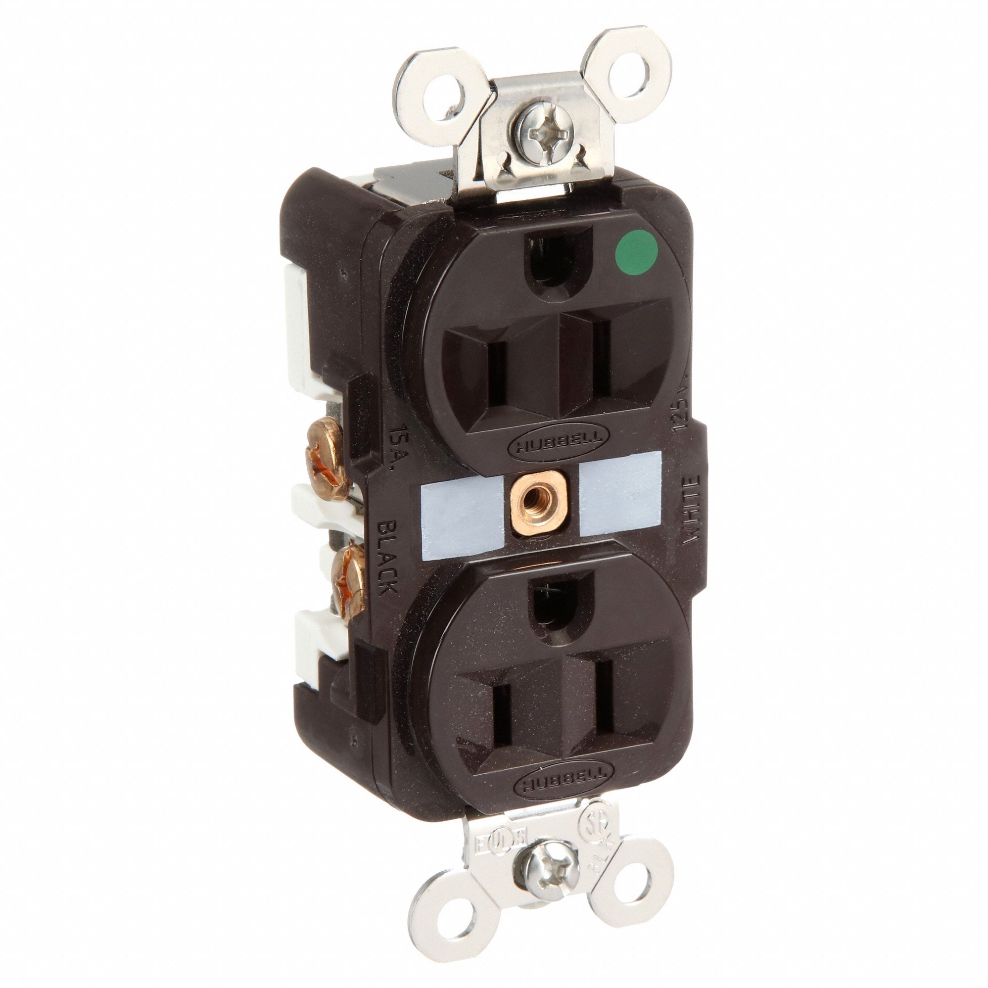 RECEPTACLE, DUPLEX, 5-15R, 15 A, 125V AC, BROWN, 2 POLE/3 WIRE POLES AND WIRES