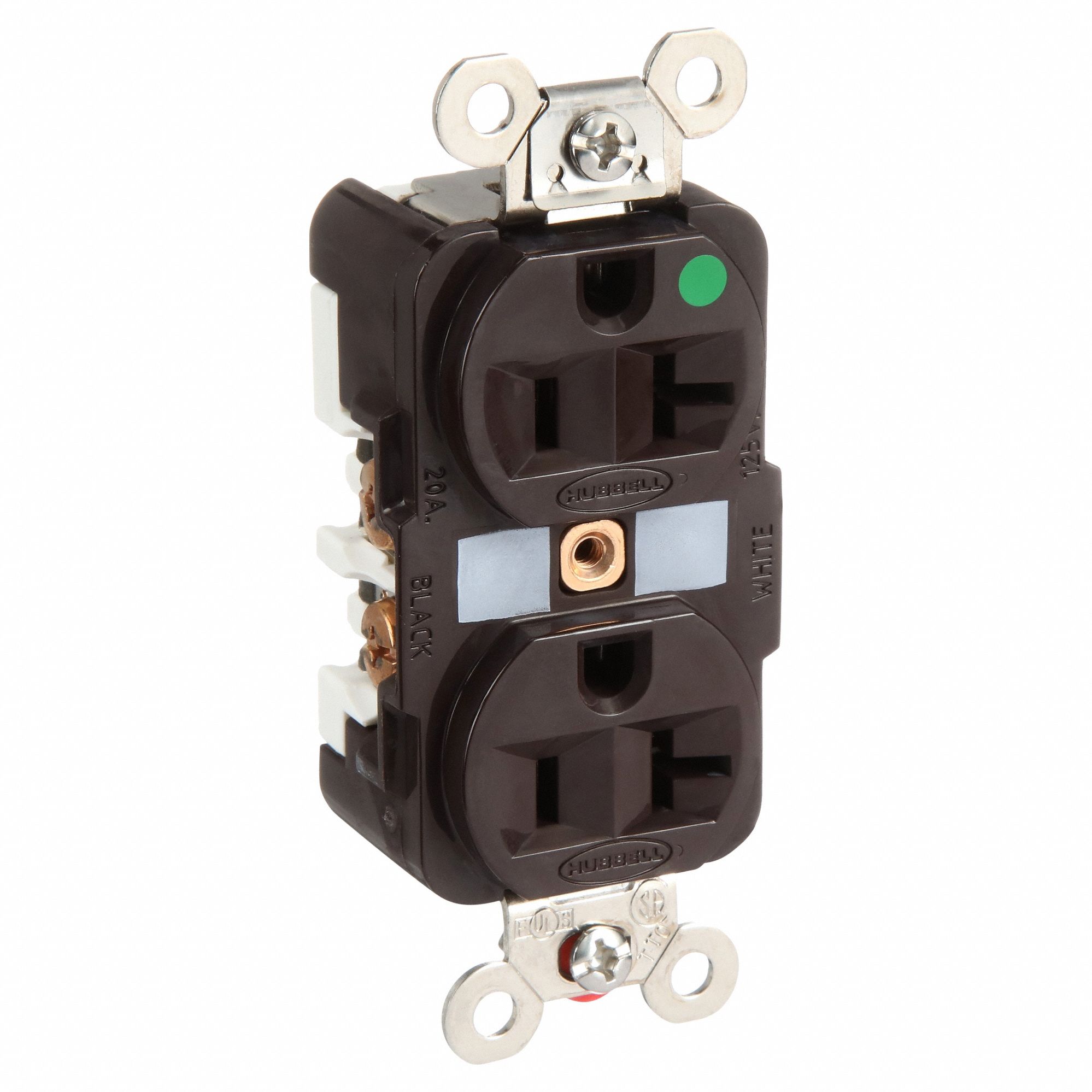 RECEPTACLE, DUPLEX, 5-20R, 20 A, 125V AC, BROWN, 2 POLE/3 WIRE POLES AND WIRES