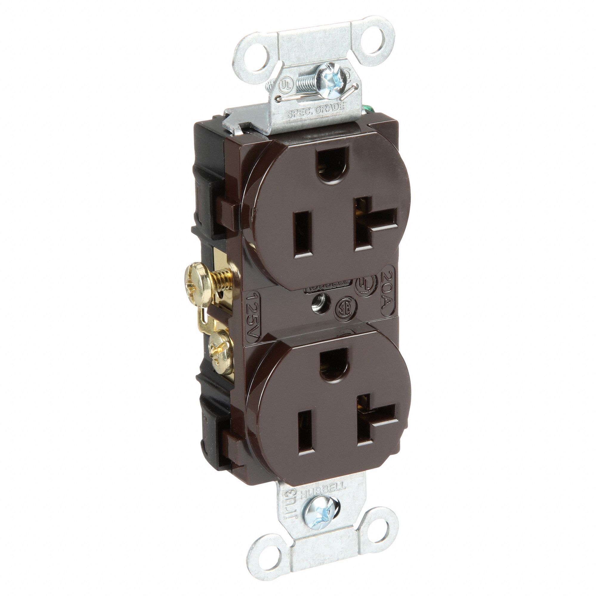 RECEPTACLE, DUPLEX, BROWN, 5-20R, 20 A, 125V AC, 2 POLE/3 WIRE, SCREW TERMINALS