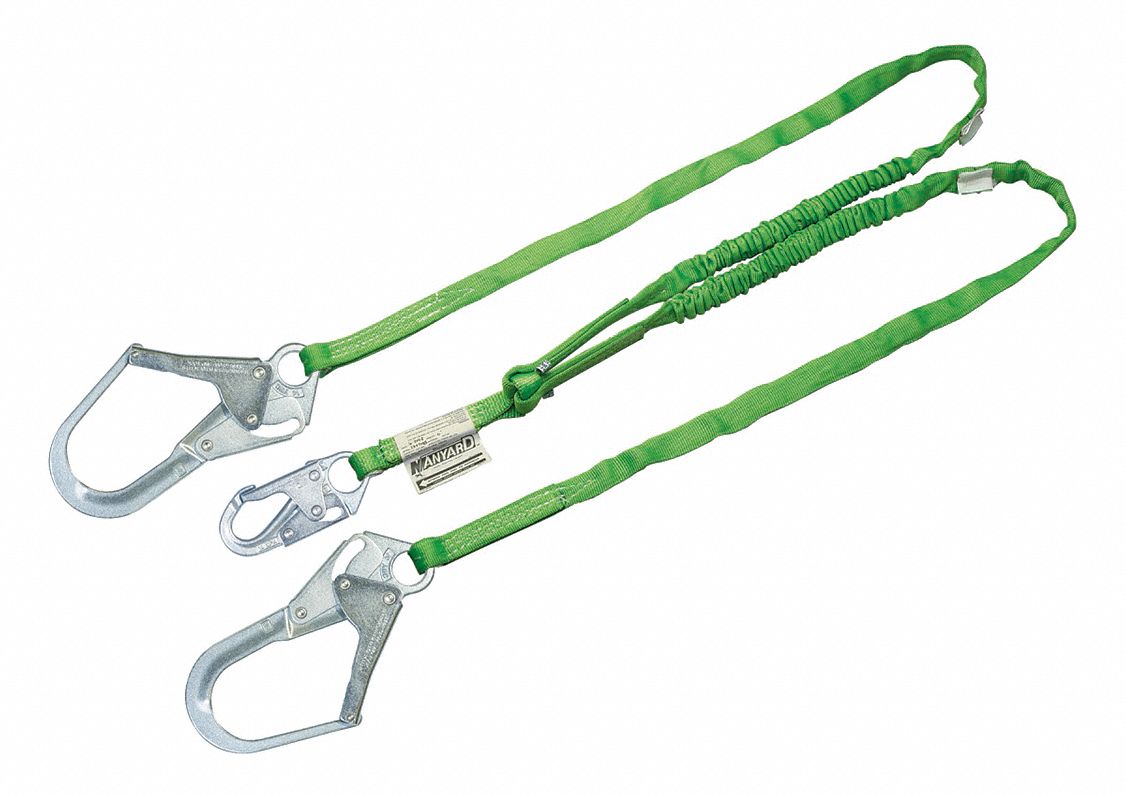 Shock-Absorbing Lanyard: Tubular Webbing, Steel Rebar Hook, Steel Snap Hook, 310 lb Capacity